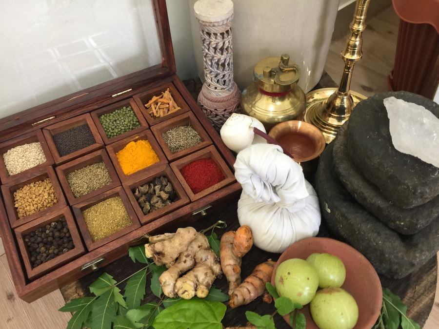 Ayurvedic spices, fresh turmeric, ginger, amla and a herbal poultice